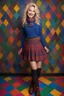 Placeholder: multicolored, neon lit, tiled floor and walls -- smiling 18-year-old Dolly Parton, short, pleated, plaid wool skirt, cotton blouse, a wool sweater, oxford shoes, and a neck scarf, professional quality studio 8x10 UHD Digital photograph, multicolored spotlight, Photorealistic, realistic stock photo,