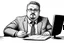 Placeholder: chubby russian man sitting at desk, portrait, speech, nametag, glasses, goatee, short hair, mustache, suit; caricature style, sketch art; black and white; grayscale, pencil drawing