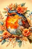 Placeholder: This enchanting, extremely detailed watercolor features a 3/4 closeup portrait of a vibrant Robin, adorned with flowers and a foliage crown, setting on a branch against a heavily textured beige background. nature and whimsy in a botanical style. The piece boasts warm orange and cool blue hues. .