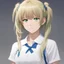 Placeholder: anime, 1 girl, blond hair, green eyes, shoulder length hair, very short bunches, white polo shirt, blue skirt, 3 bangs on forehead, hairties