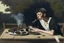 Placeholder: rapper smoking on picnic table by Caravaggio