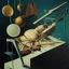 Placeholder: Abstract painting formed by a mix of human flesh-like surgical instruments and universe-like musical instruments,neuralink,minimalism,Painting By Adrian Ghenie, Rene Magritte, Salvador Dali, Lucian Freud