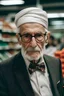 Placeholder: un retrato de un anciano con corbata y un pañuelo en la cabeza en un supermercado