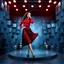 Placeholder: make a picture pretty stage made of metallic blue-gray teme 3d recursive cubic and sphere base structures and a beautiful fashion model lady posing with cute in black and white and the scene is in color,with dark red top and pretty pleated midi skirt ,makeup curvy long hair,dynamic camera zoom to full body and pan, dynamic lights.