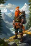 Placeholder: Realistisches Bild von einem DnD Charakters. Männlichen Zwerg mit orangenem Haaren. Er steht im Wald mit Bergen im Hintergrund.