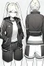 Placeholder: blonde girl with ponytails dressed in a jacket and shorts walks briskly, front view, greyscale