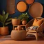 Placeholder: A stunning display of woven baskets and decorative elements in warm, earthy tones, arranged artfully against a deep blue background. The image showcases a variety of round, geometric, and patterned woven pieces in shades of orange, brown, and tan, complemented by potted plants and a vibrant yellow chair. The overall composition creates a visually striking and cohesive bohemian-inspired decor scene.