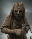 Placeholder: horror burlap sack mask serial killer necromancer holding a chainsaw wearing old bloody and dirty torn clothing full body shot" trending on Artgem style 8k