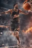 Placeholder: 8k, highly realistic and detailed image of a NBA basketball player in action dunking the ball in the net, sweaty hair, screaming look,action and smoke and flames background