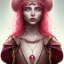 Placeholder: Young, Fire witch, round full face, pale skin, freckles, wild curly pink hair, red eyes, pink and red eyeshadow, pink glossy lips, wearing a pink witch hat, wearing a red crystal necklace