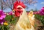 Placeholder: Here is the translation to English: "A beautiful chicken with a cat-like face in a flower and tree farm"