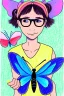 Placeholder: Dibujo de una mariposa de los abismos en el fondo, aparece una adolescente con gafas y un perrete azul.