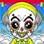 Placeholder: create a 2d black outline, " kawaii psycho clown coloring book for kids", coloring page, low details design, black contour, coloring page design, colorful , card style, coloring page for kids, halloween backgorund,sketch style,