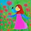 Placeholder: girl in the garden with one colorful bird singing painting crayon