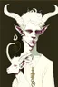 Placeholder: young satyr male albino alchemist with small goat horns in the style of Aubrey Beardsley