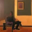 Placeholder: In a room, there is a man sitting on the comfortable chair. Oil painted.