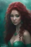 Placeholder: the black Chinese mermaid with Long wavy, curly (((red hair))) and bright, (((sea-green eyes))), - full color - 32k, UHD, 1080p, 8 x 10, glossy professional quality digital photograph - dark foggy gradated background, historic, powerful, octane rendering, exquisite detail, 30 - megapixel, 4k, 85 - mm - lens, sharp - focus, intricately - detailed, long exposure time, f8, ISO 100 - back - lighting, ((skin details, high detailed skin texture))