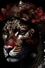 Placeholder: Beautiful faced Mexican Jaguar animal shamanism portrait with textured brocade ornated, wearing etherialism shamanism half face copper colour a masque adorned with goth shamanism mixed style hat florals and beades jaguar animal skull headdress, wearing gothic style black etheral metallic shamanism chain effect copper patina colour gradient costume etheral ornated mixed style organic bio spinal ribbed of etherialism style bacround extremely detailed hyperrealistic maximalist portra