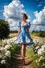 Placeholder: fullbody girl makeup wearing a victorian short dress walking in country side ,flowers ,pretty clouds in blue sky