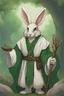 Placeholder: Male rabbitfolk with grey fur and Hazel eyes wearing a emerald green robes in a fantasy setting, sorcerer of life