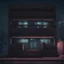 Placeholder: straight front view of cyberpunk building at night