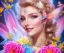 Placeholder: beautiful bright fairy portrait who smiles with long hair, thin face, two hands, two transparent wings on her back in a pink,blue, yellow flowers background,