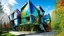 Placeholder: A futuristic, eco-friendly abode comprising intricately arranged, colorful glass parallelepipeds, each uniquely tailored to serve a distinct purpose, such as living quarters, greenhouse, or observatory, with seamless transitions between sections. The sleek, angular architecture is accentuated by dazzling reflections that dance across the building's facade, casting a kaleidoscope of colors onto the lush, emerald green surrounding landscape. The parallelepipeds' polished surfaces glimmer with irid