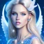 Placeholder: portrait of a beautiful woman with an angel face smiling,long blond hair, blue eyes, pink and blue dress, jewels, soft light aura