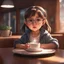 Placeholder: a little girl sitting at a table with a cup of coffee, hyper realistic eyes, 😭 🤮 💕 🎀, 2 d cartoon, cool glasses, phtorealistic, human babies, 2 0 2 2 anime style, cute:2, auroracore, it is afternoon, as though she is dancing, with round cheeks, drink