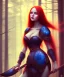 Placeholder: beautiful girl, red long hair, corsage, smile, blue eyes, sehr große oberweite, kriegerin im wald, nacht, lagerfeuer, fantasy art