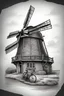 Placeholder: A realistic dark drawing black and gray with very defined details of a dutch windmill and a bike vector image with white background for a tattoo