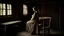 Placeholder: back to camera a young dark blonde pregnant girl leans on the back of an old wooden chair in linen dress, half standing, painful, sad, dark mood, small, old poor country room in a hut, very little light, one lsmall old dirty windows, dark shadows, detalied, sharp focus, high realistic, perfect photo