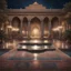 Placeholder: Hyper realistic detailed Outside historical indian palace with glass work on pillars with beautiful carpet & water fountain at night