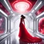 Placeholder: In the pulsating space station, an alien in a red frilly dress glides through a shining white corridor, with windows revealing the vast expanse of outer space. The outfit's fabric flutters around her like a crimson nebula, drawing the eyes of passersby. She exudes an ethereal beauty, a celestial being navigating the cosmic chaos with elegance and allure.