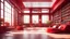 Placeholder: Modern red library interior with sunlight. Decor and desing concept. 3D Rendering