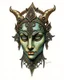 Placeholder: create a full color ink wash and watercolor illustration of a rich patina, ancient bronze female druid ceremonial mask representing Morrigan, utilizing historic Celtic decorative motifs, intricately detailed and sharply defined in the style of Arthur Rackham and Kay Nielsen