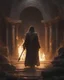 Placeholder: A mage adorned in tattered robes and wielding a staff, stands amidst the flickering candles of a hidden, underground chamber. The ethereal glow of the mage's eyes hints at the forbidden knowledge they seek in the darkness. [Mage in Tattered Robes, Wielding Staff, Hidden Chamber, Flickering Candles, Ethereal Glow, Forbidden Knowledge]