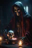 Placeholder: A hatefull Lich performing a magical ritual. Horror setting. fantasy art, Cinematic lighting, Volumetric lighting, Epic composition, Photorealism, Very high detail, Character design, Unreal Engine, Octane render, HDR, Subsurface scattering