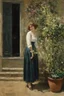 Placeholder: one woman, house, vegetations, flowers in pot, dirt, alfred stevens, and gustave caillebotte paintings