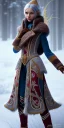 Placeholder: A long shot of a Cute elven female adventurer with ears out, dressed in a warm overcoat, wearing boots on paves, posing frontally, in style of Cedric Peyravernay Art, microdetails, ultradetailed --ar 2:3 --beta --upbeta --upbeta