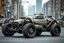 Placeholder: A car that's a mix between a scorpion and a tank, robotic, ready for battle, worn-out, with large rims and tires, fully mechanical, on a street in post-apocalyptic cities.