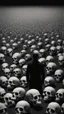 Placeholder: Bosch nightmares paining style Title:a field of small human skulls all colored in black and white, a shadow of man standing in the middle, 8k artistic photography, photorealistic concept art, soft natural volumetric cinematic perfect light, chiaroscuro, award-winning photograph, masterpiece, oil on canvas, Raphael, Caravaggio, Greg Rutkowski, people, beksinski, Giger