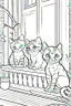 Placeholder: kids coloring page, Cats on the porch, cartoon style, thick lines, low detail, no shading