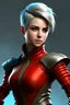 Placeholder: create an adult female air genasi from dungeons and dragons, dark gray short hair, light blue eyes, wind like hair, wearing red leather clothing, realistic, from waist up, digital art, high resolution