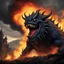 Placeholder: a low angle view capturing the monstrous Laughing monster in all its fearsome glory. Smoke billows menacingly from its nostrils, swirling around its grotesque visage, while flames rage fiercely from its gaping maw, casting an eerie glow against the darkening sky. The Laughing monster's wicked laughter echoes through the valley, sending shivers down the spines of all who behold its menacing form.