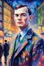 Placeholder: A vivid, impressionistic painting capturing Alan Turing standing proudly amidst the bustling streets of London, his intellect depicted as a glowing beacon illuminating the vibrant cityscape.