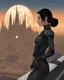Placeholder: A slim Woman With Black Hair, Wearing an android-looking suit, standing sideways On a ledge of a building, with a waning moon Behind Her Head, towering spires and buildings highlighted by the setting sun