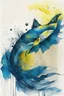 Placeholder: Watercolor yelow with black stripr fishs in blue sea waves, perfect