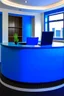 Placeholder: A circular blue reception desk with three chairs