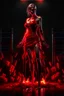 Placeholder: 12k ultra-high-definition rendering of a zombie model in a photo studio ,The zombie, adorned in a red ripped tight dress, ripped sideways from top to bottom, long slit, shoes are fashionable platforms, big gun on side thigh, exudes a sinister aura under the studio's dark and mysterious lighting